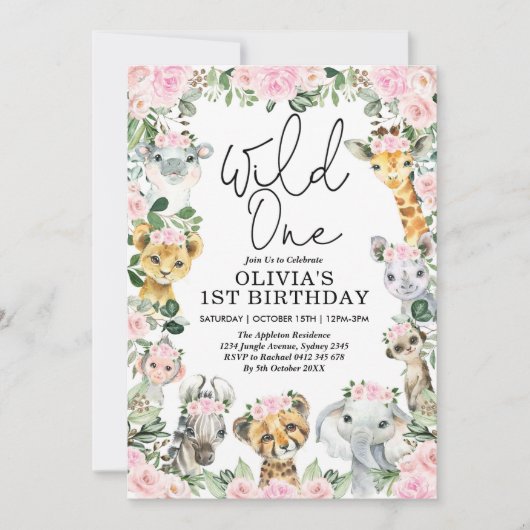 Pink Floral Wild One Oerwoud Safari Birthday Girl Kaart (Voorkant)