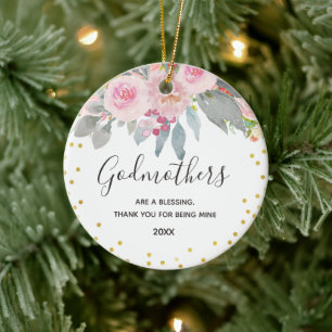 Pink Floral Winter Godmothers Gold Keramisch Ornament