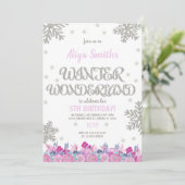 Pink Floral Winter Wonderland Birthday Invitations Kaart (Staand voorkant)