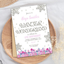 Pink Floral Winter Wonderland Birthday Invitations Kaart