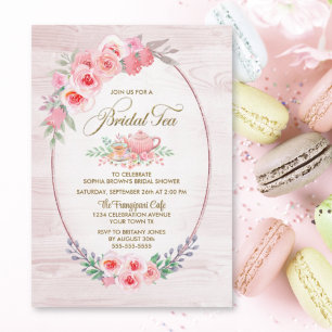 Pink Floral Wood Bridal Tea Bridal Shower Kaart