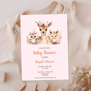 Pink Floral Woodland Animal Baby shower Kaart