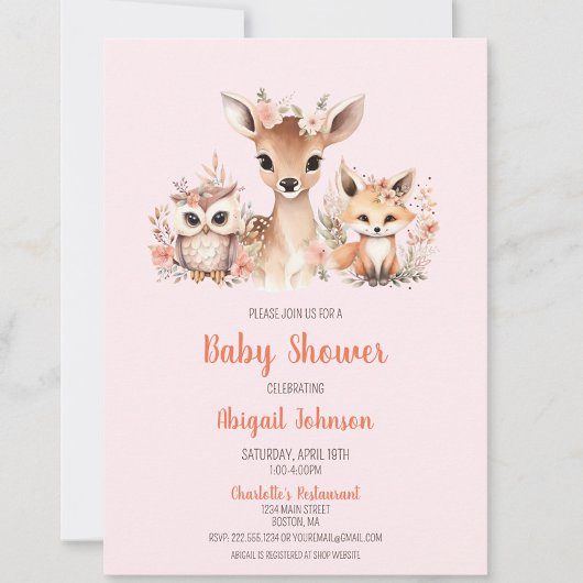Pink Floral Woodland Animal Baby shower Kaart