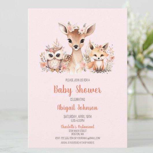 Pink Floral Woodland Animal Baby shower Kaart