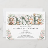 Pink Floral Woodland Animals 1st Birthday Girl Kaart (Voorkant)