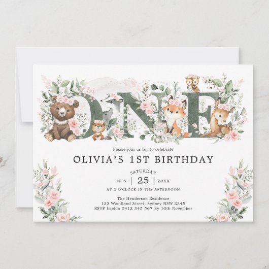 Pink Floral Woodland Animals 1st Birthday Girl Kaart (Voorkant)