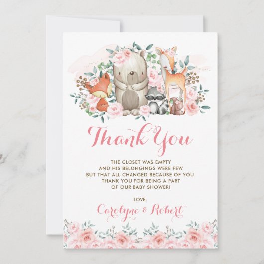 Pink Floral Woodland Animals Baby shower Birthday Bedankkaart (Voorkant)
