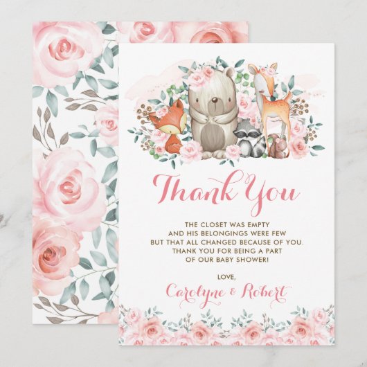 Pink Floral Woodland Animals Baby shower Birthday Bedankkaart (Voorkant / Achterkant)