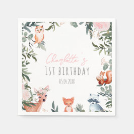 Pink Floral Woodland Animals Birthday Napkins Servet