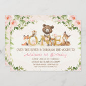 Pink Floral Woodland Animals First Birthday Kaart (Voorkant / Achterkant)