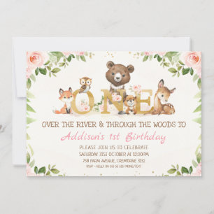 Pink Floral Woodland Animals First Birthday Kaart