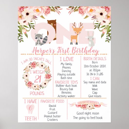 Pink Floral Woodland Birthday Milestone Poster (Voorkant)