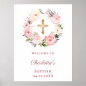 Pink floral wreath Baptism welcome Poster (Voorkant)