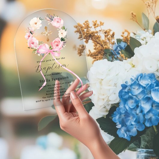 Pink floral wreath bow cross girl baptism arch acryl uitnodigingen