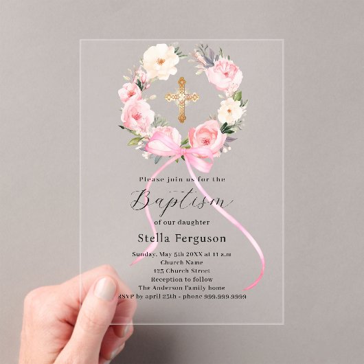 Pink floral wreath bow cross girl baptism clear acryl uitnodigingen (Insitu (Draagbaar))