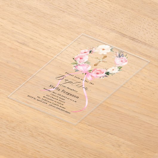 Pink floral wreath bow cross girl baptism clear acryl uitnodigingen (Laagn)