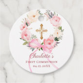Pink floral wreath bow First Communion DIY Bedankjes Labels (Voorkant)