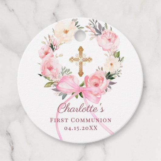 Pink floral wreath bow First Communion DIY Bedankjes Labels (Voorkant)