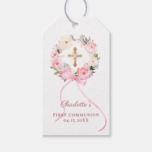 Pink floral wreath bow First Communion DIY Cadeaulabel (Voorkant)