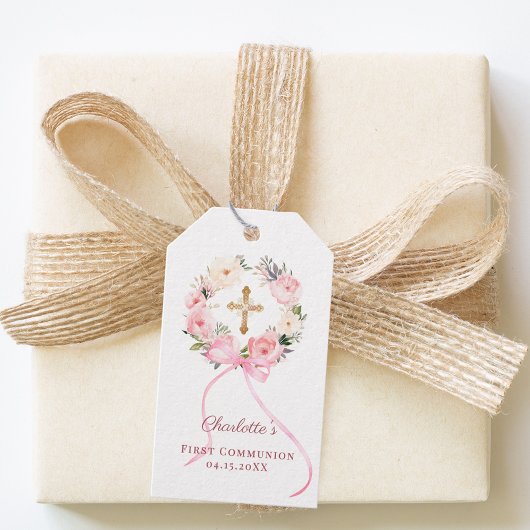 Pink floral wreath bow First Communion DIY Cadeaulabel