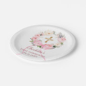 Pink floral wreath bow First Communion Papieren Bordje (Gekanteld)