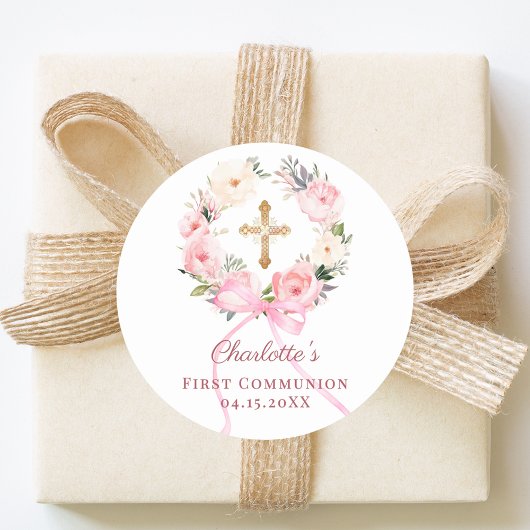 Pink floral wreath bow First Communion Ronde Sticker
