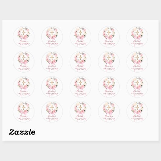 Pink floral wreath bow First Communion Ronde Sticker (Vel)