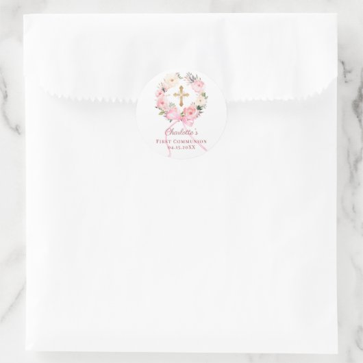 Pink floral wreath bow First Communion Ronde Sticker (Tas)