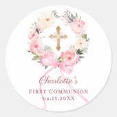 Pink floral wreath bow First Communion Ronde Sticker (Voorkant)