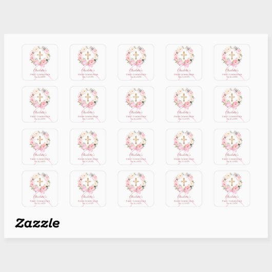Pink floral wreath bow First Communion Vierkante Sticker (Vel)