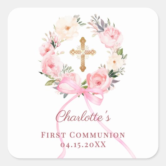 Pink floral wreath bow First Communion Vierkante Sticker (Voorkant)