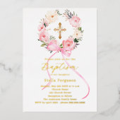 Pink floral wreath bow gold cross girl baptism folie uitnodiging (Voorkant)