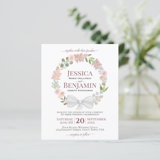 Pink Floral Wreath BUDGET Boho Wedding Invitation (Staand voorkant)