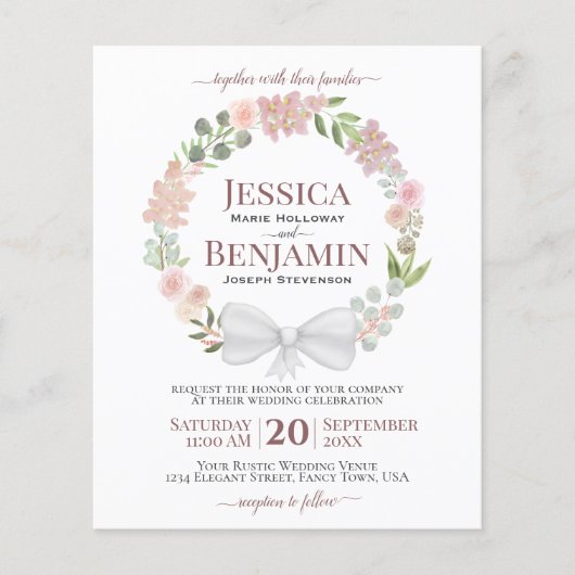 Pink Floral Wreath BUDGET Boho Wedding Invitation (Voorkant)