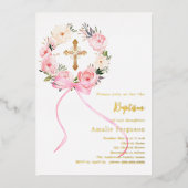 Pink floral wreath cross bow girl baptism folie uitnodiging (Voorkant)