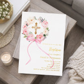 Pink floral wreath cross bow girl baptism folie uitnodiging