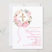 Pink floral wreath cross bow girl baptism kaart (Voorkant)