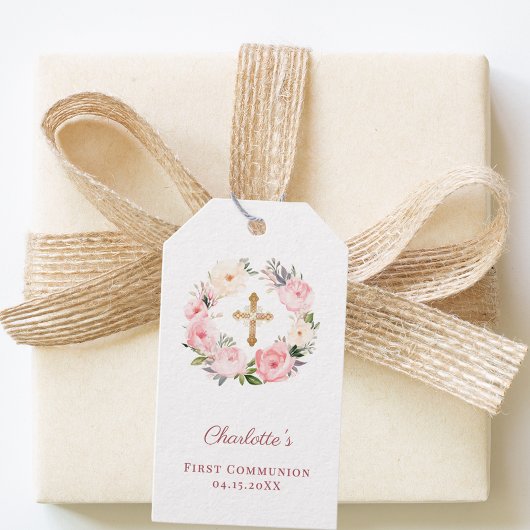 Pink floral wreath cross First Communion DIY Cadeaulabel