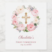 Pink floral wreath cross First Communion Wijn Etiket (Enkel label)