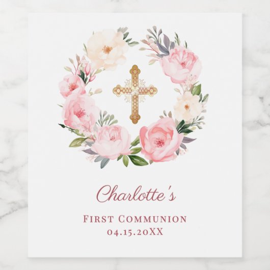 Pink floral wreath cross First Communion Wijn Etiket (Enkel label)
