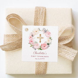 Pink floral wreath First Communion DIY Bedankjes Labels