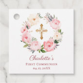 Pink floral wreath First Communion DIY Bedankjes Labels (Voorkant)