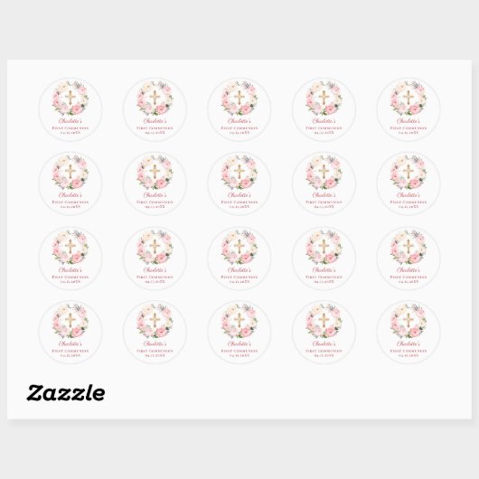 Pink floral wreath First Communion Ronde Sticker (Vel)