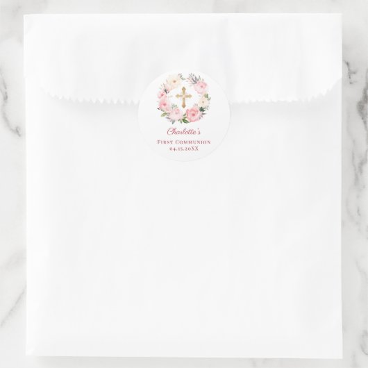 Pink floral wreath First Communion Ronde Sticker (Tas)