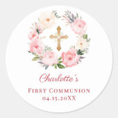 Pink floral wreath First Communion Ronde Sticker (Voorkant)