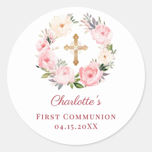 Pink floral wreath First Communion Ronde Sticker (Voorkant)