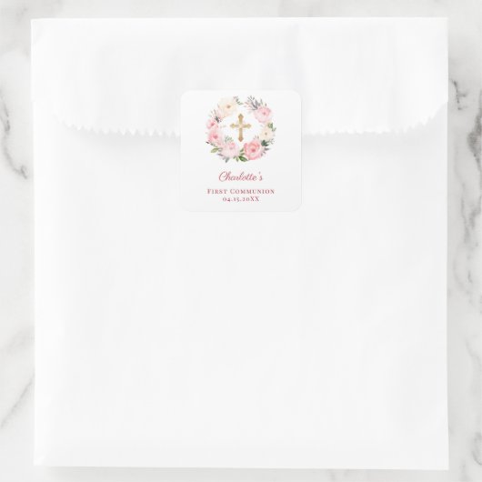 Pink floral wreath First Communion Vierkante Sticker (Tas)