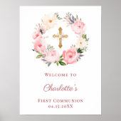 Pink floral wreath First Communion welcome Poster (Voorkant)