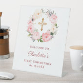 Pink floral wreath First Communion welcome Reclamebord Met Voetstuk (Insitu)
