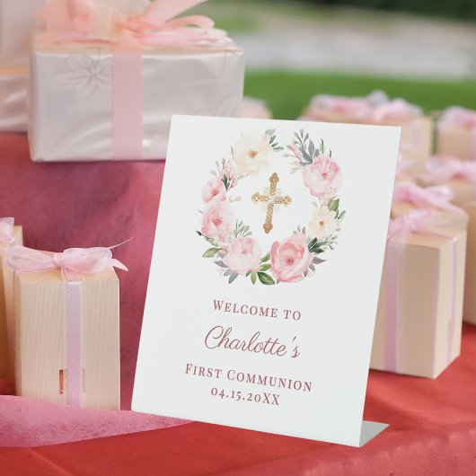 Pink floral wreath First Communion welcome Reclamebord Met Voetstuk